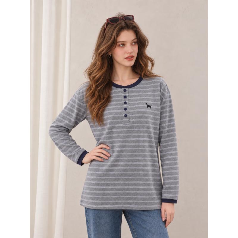 I.T: CHOCOOLATE Women's Striped Henley Long-Sleeve T-Shirt