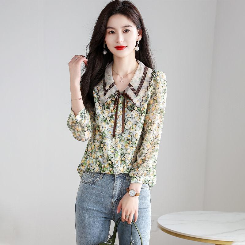 Spring Summer Polo-neck Floral Print Sweet Chiffon Shirt Women Long Sleeve Elegant Fashion Temperament Blouse Lady Buttons Top
