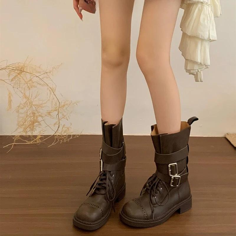 Vintage Gürtelschnalle Damen Western Cowboy Stiefel Mode Niedriger Absatz Ritter Motorrad Stiefeletten