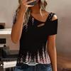 Women Flower Pattern Print Cold Shoulder Short Sleeve T Shirt Irregular Cutout Neck Casual Summer Blouse Top