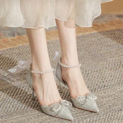 Sandalias de Tacón Alto para Mujer Moda Verano Lazo Perla Mujer Zapatos de Fiesta Elegantes de Punta