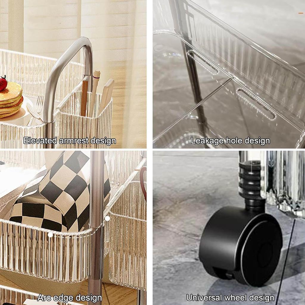 Acrylic Rolling Utility Cart, Clear Storage Carts with Wheels,Mobile Trolley Cart with Handle and 2 Hanging Baskets,Multifunctional Storage Organizer