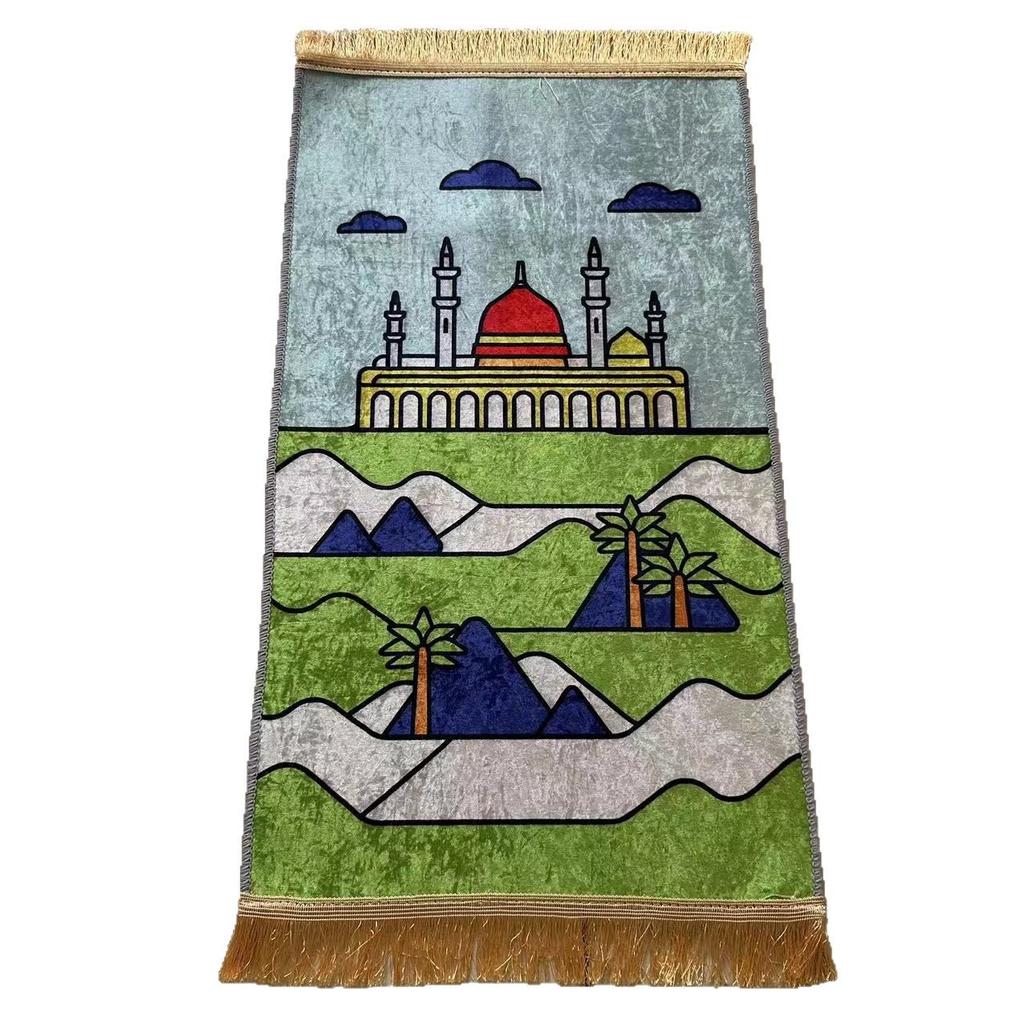 Cute Cartoon Prayer Rug Thickened Fleece Mat Gold Print Non Slip Floor Mat for Living Room