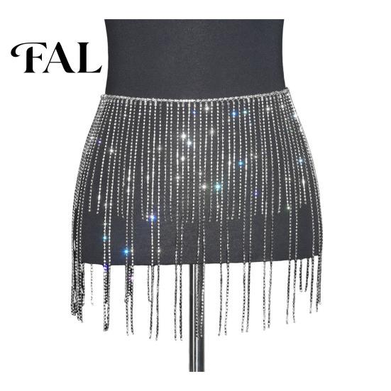 Glittering Tassel Belly Belt Rhinestone Waist Chain for Women, Sparkly Sexy Dance Body Skirt-Style Accessory Dancing Hip Accessory, Elastic
