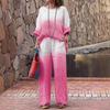 Women's Loose Fit Two-Piece Outfit Set 3/4 Sleeve Boat Neck Top High Waist Wide Leg Pants