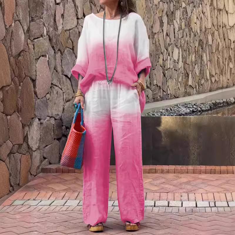 Women's Loose Fit Two-Piece Outfit Set 3/4 Sleeve Boat Neck Top High Waist Wide Leg Pants