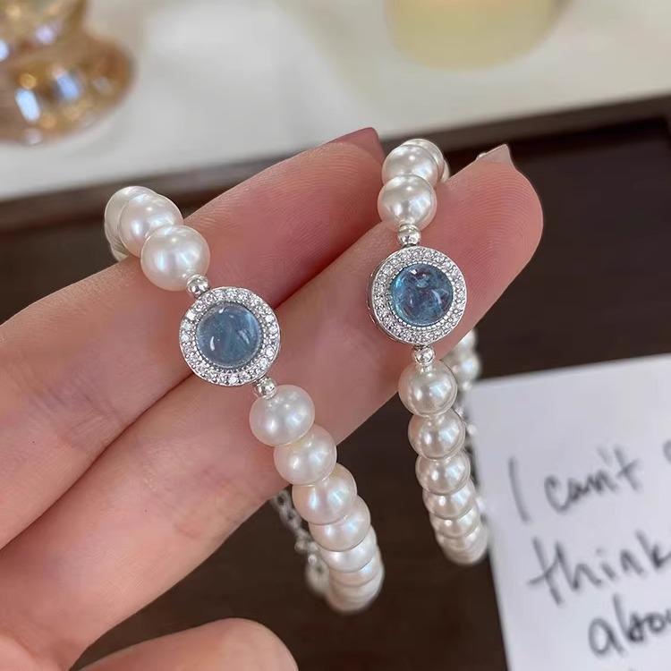 Silver aquamarine pearl bracelet, light luxury niche high-end feel, new popular French-style jewelry