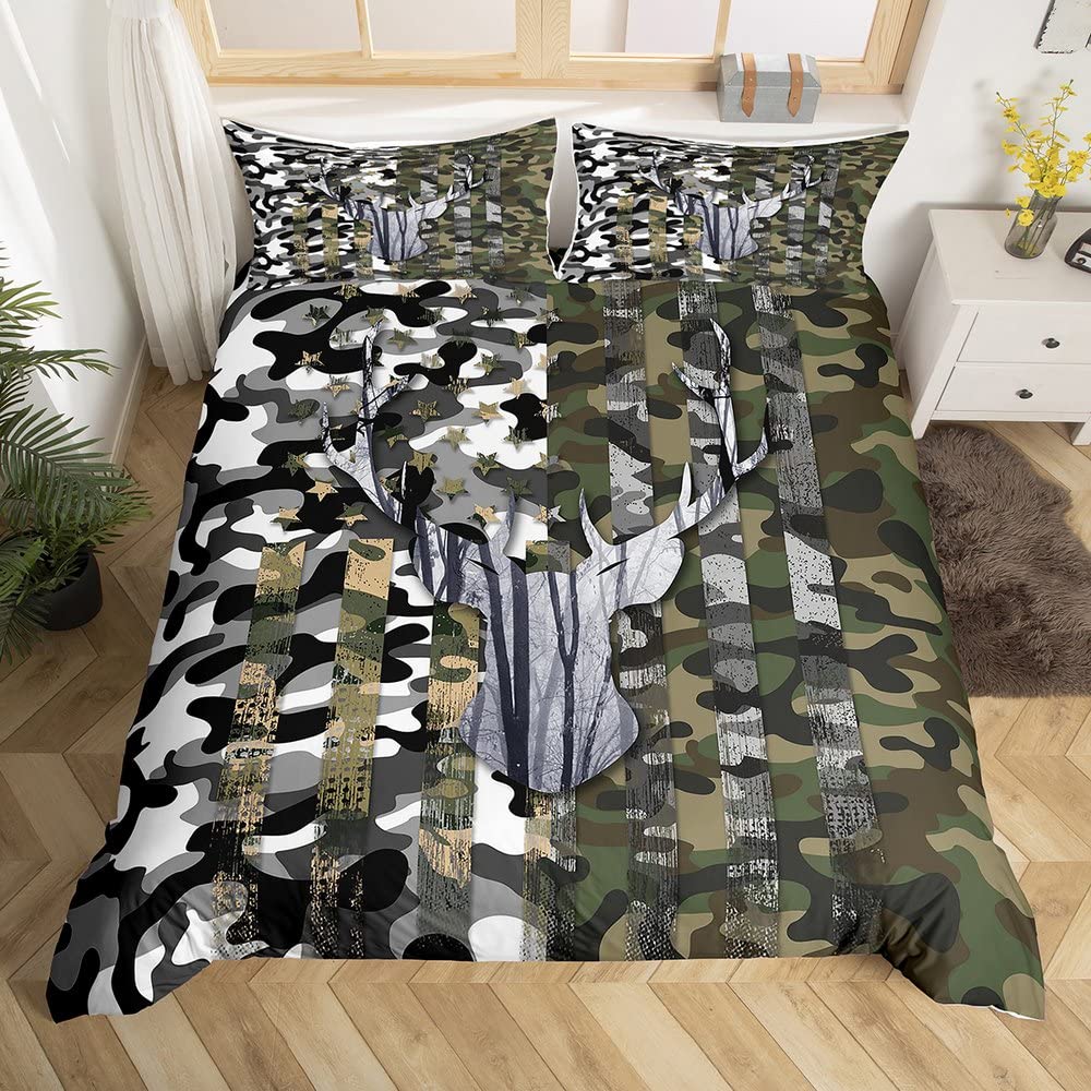 Camo Deer Duvet Cover Set Antlers Arrow Pattern Bedding Set Stripes Gird Camouflage Comforter Cover Microfiber King Quilt Cover