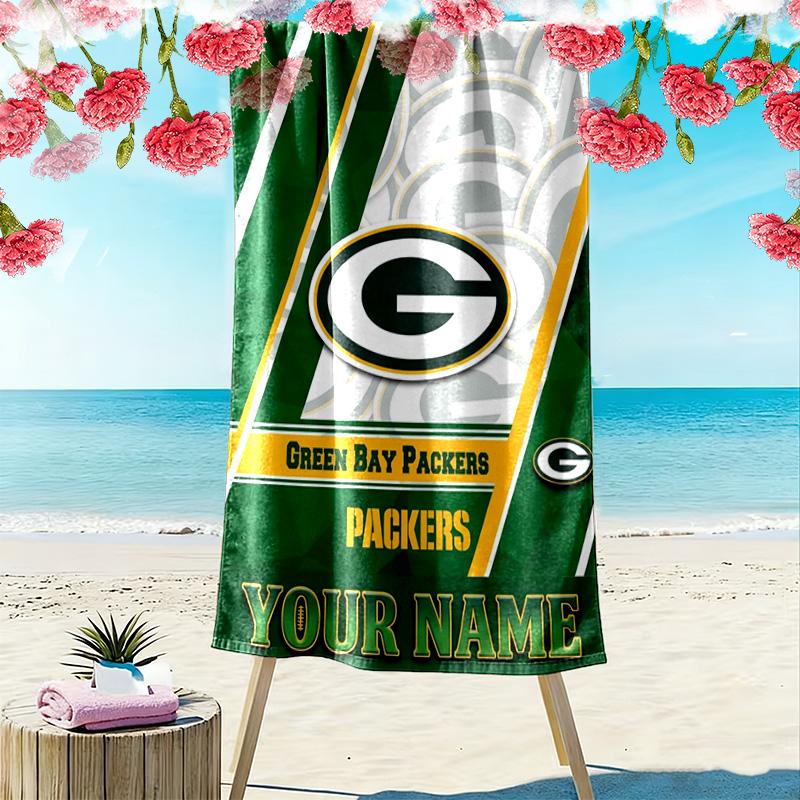 Name Custom Green Bay Packers Logo Print Beach Towel, Large Soft Quick Dry Towel for Beach Camping Swimming