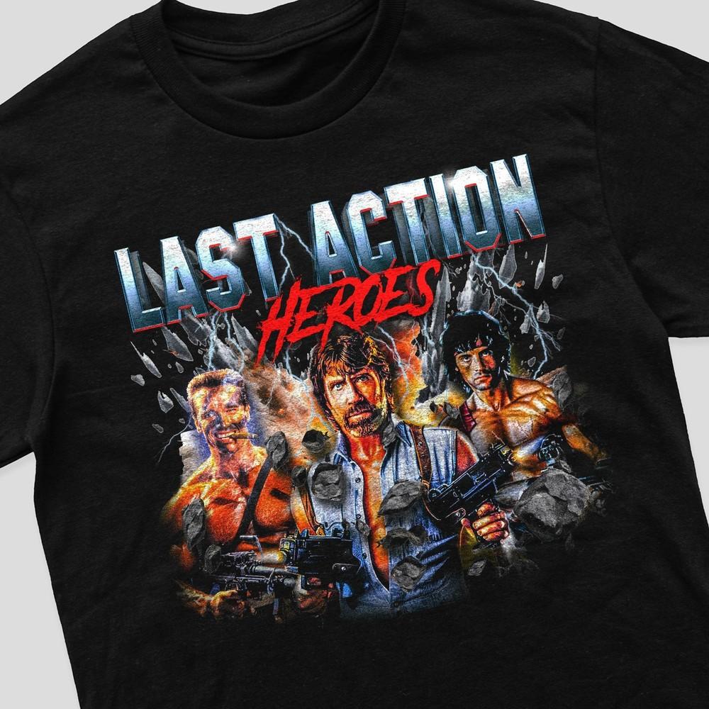 Vintage Retro Last Action Heroes Film Merchandise Arnold Stallone Norris T-skjorte