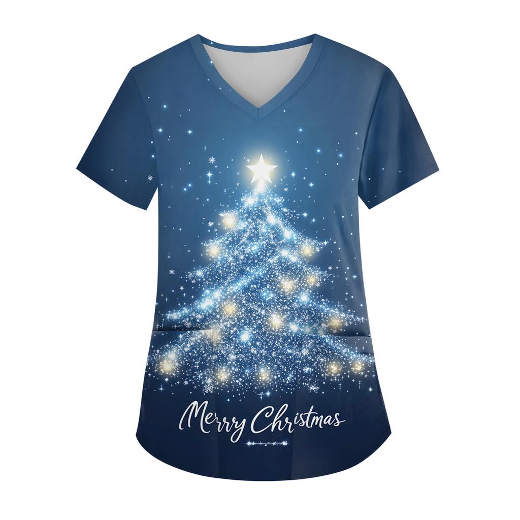 Women's V-neck Christmas Print Short-sleeved Pocket Side Slit Uniform Top