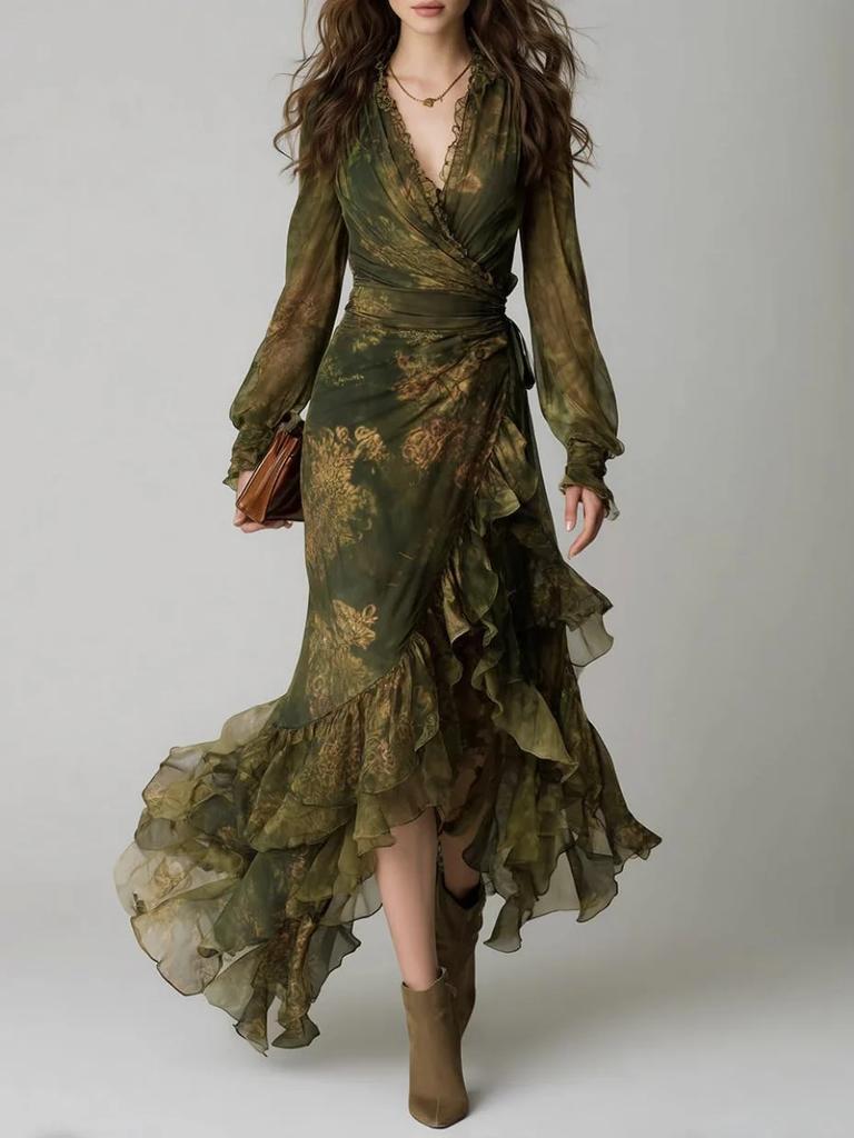 New Chiffon Printed V-neck Floral Pendulum Dress In Autumn, Europe and the United States
