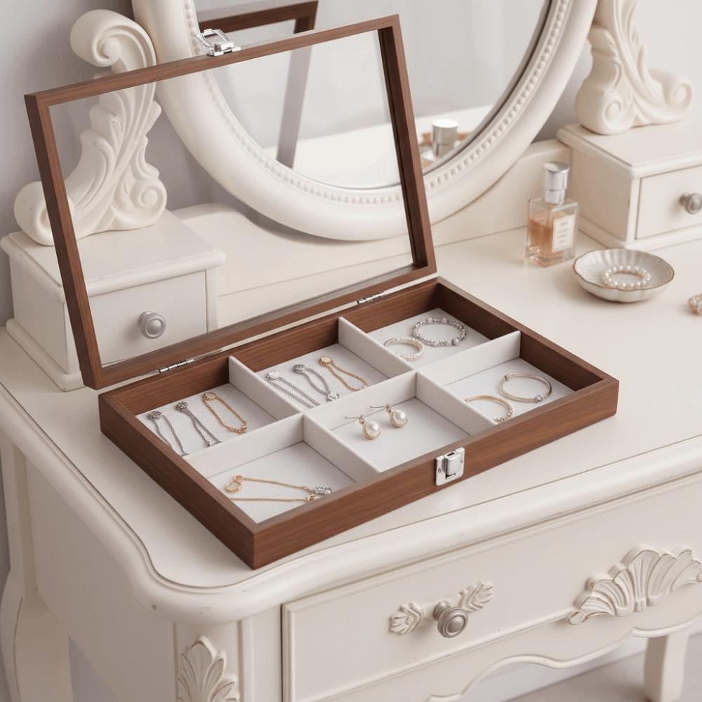 Retro Jewelry Display Tray Decorative Soft Lining Sunglasses Display Holder Visible with Compartments Jewelry Box