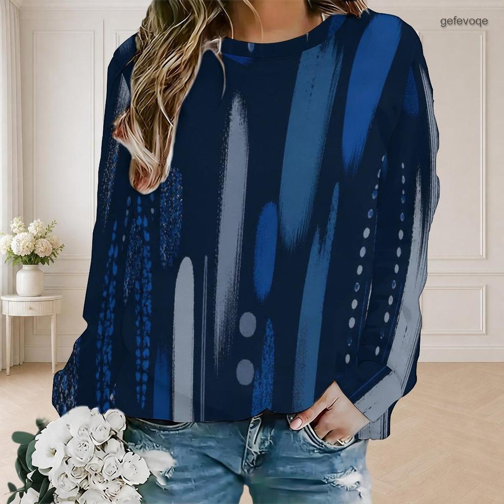 Women Plus Size Round Neck Long Sleeve Ribbed Cuffs Blue Black Printed Sweatshirt Pullover
