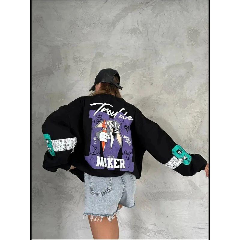 

Fashionable Prinintedtop Western Style New Fashion Print round Neck Hoodie Loose Casual Top Black (thin/thin) 2XL