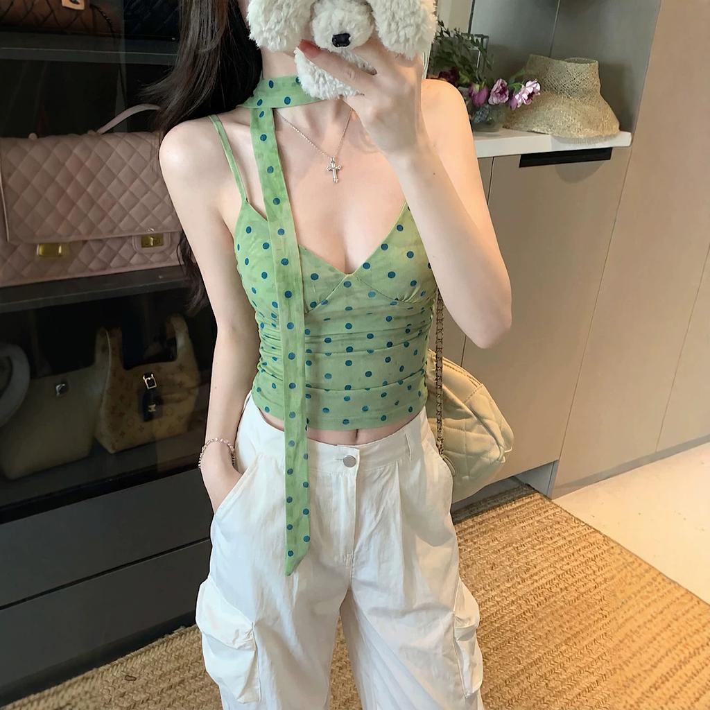 French polka dot print v-neck sling vest women's summer design sense niche slim-fit Spice Girl with short top