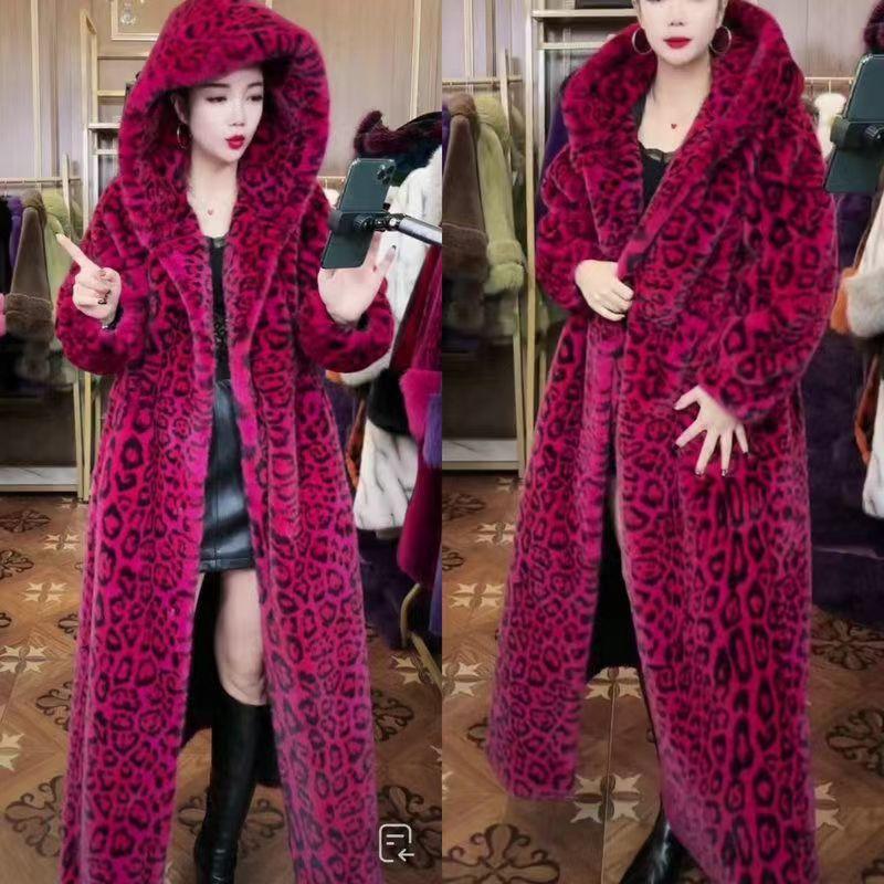 Temperament Women's Imitation Fur Leopard Print Coat Winter Furry Coat Large Size Imitation Cross Mink Coat Tide