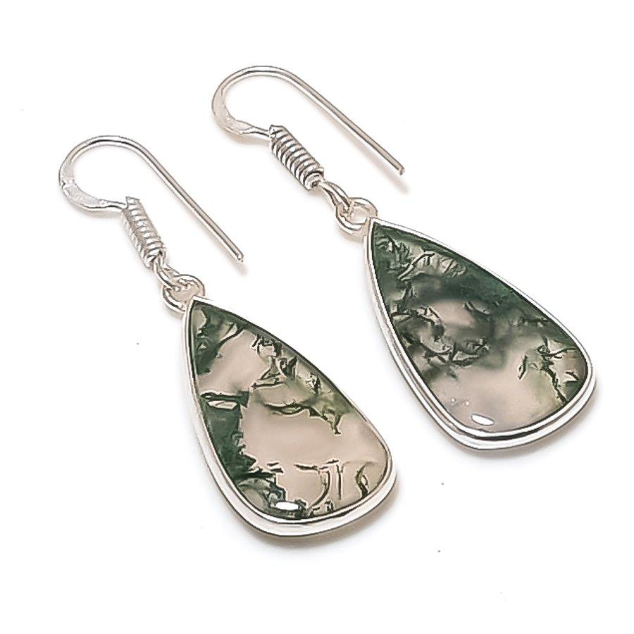 Natürlicher Indischer Moosachat Edelstein 925 Sterling Silber Ohrring 1,65" AE-11491