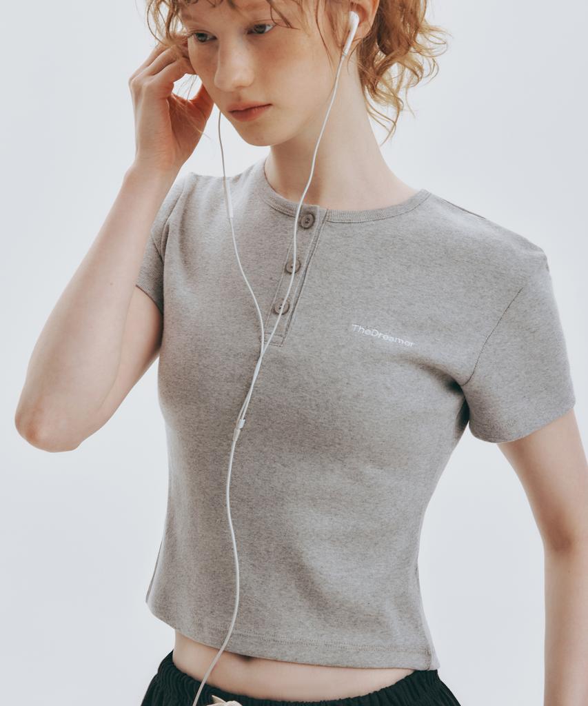 Deodeulimeo Healing Cotton Henley Neck Short Sleeve T-Shirt Melange Gray