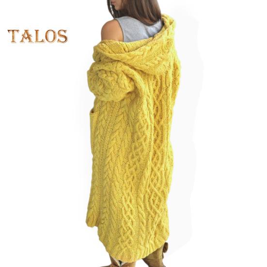 

Женская куртка-свитер с карманами, средней длины, с капюшоном, трикотажная скрученная текстура, однотонная, с длинным рукавом, куртка больших размеров, плотная, повседневная верхняя одежда для поездок на работу M жёлтый