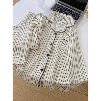 Koreanischer Damen-Pyjama für Herbst und Frühling, langärmelig, weiches Nachtwäsche-Set, Gaze-Baumwolle, gestreift, bedruckt, Pyjama für Damen, Nachtwäsche-Set