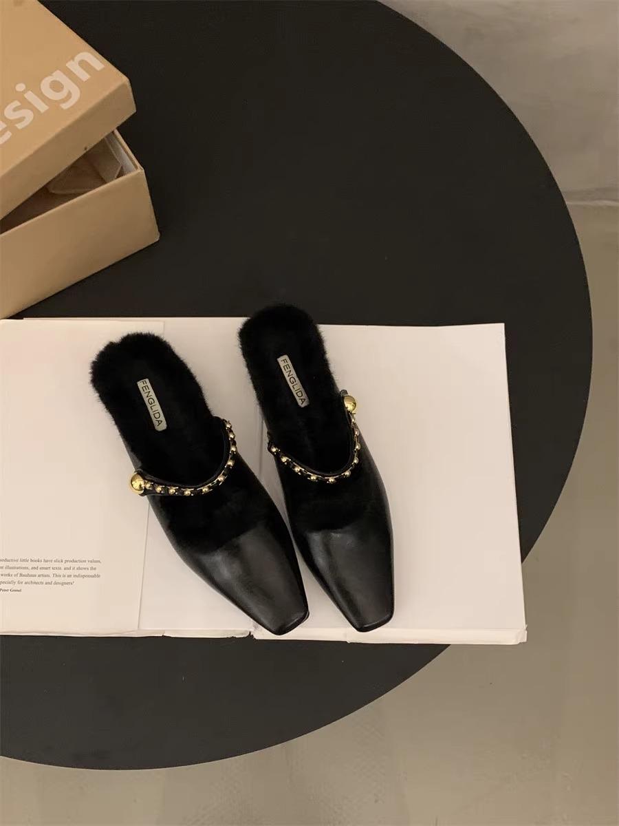 

Толстый каблук Французский маленький ароматный ветер пушистые тапочки женская обувь 2025 новый осень и зима сумка голова полутапочки бархатные хлопковые туфли 39 чёрный