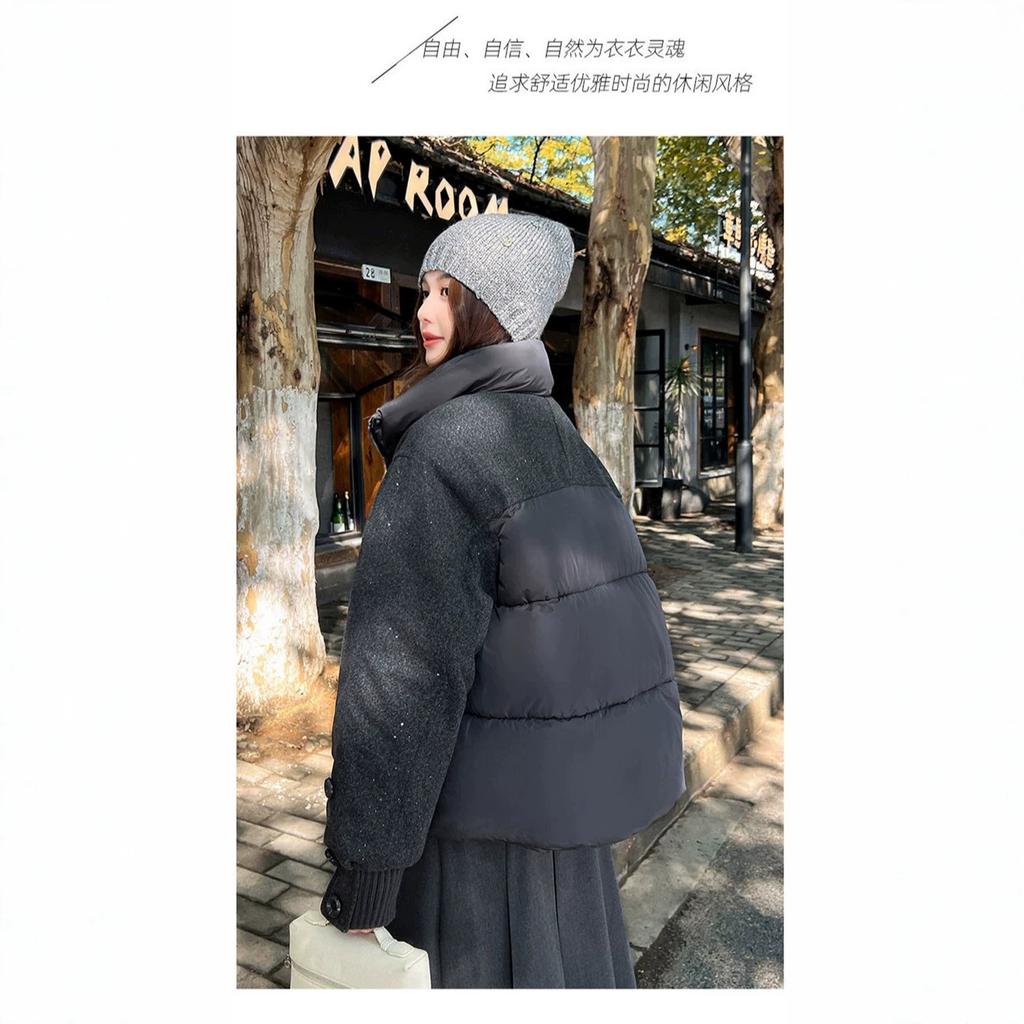 Padded Clothes Fashion Short Women's Winter New Foreign Style Small Fragrant Woolen Splicing Warm Padded Jacket Jacket Padded Clothes