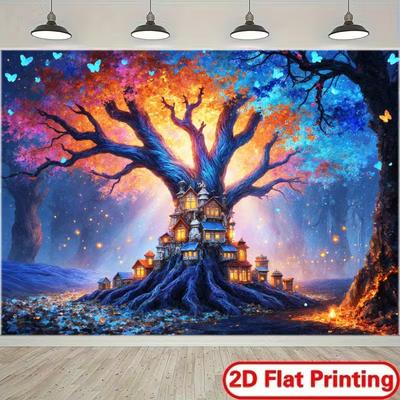 2D Flachdruck Magischer Baumdorf Hintergrundtuch für Fotoshooting
