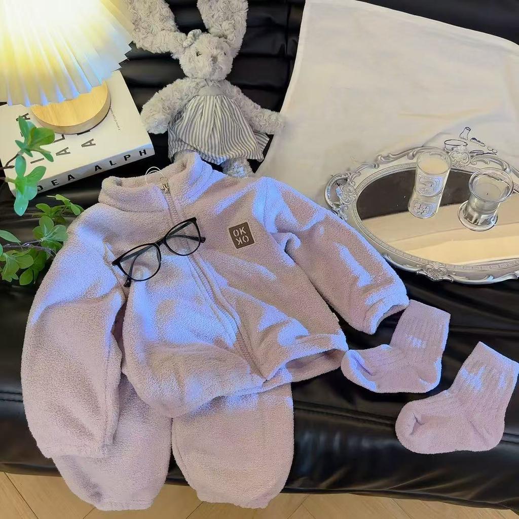 Plush Sets Children Autumn Winter Warm Fleece Suits Baby Thickened Cardigan Pants Outfits Boys Girls Homewear