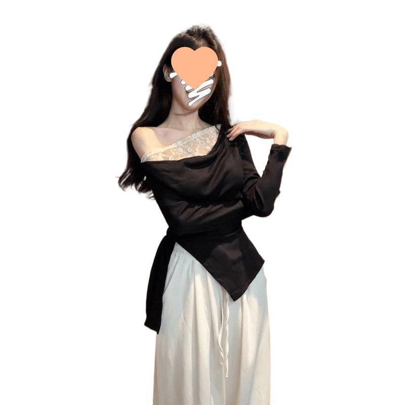 Women's Patchwork Lace One-Shoulder Top - Slim Fit, Early Autumn Long Sleeve Base Layer