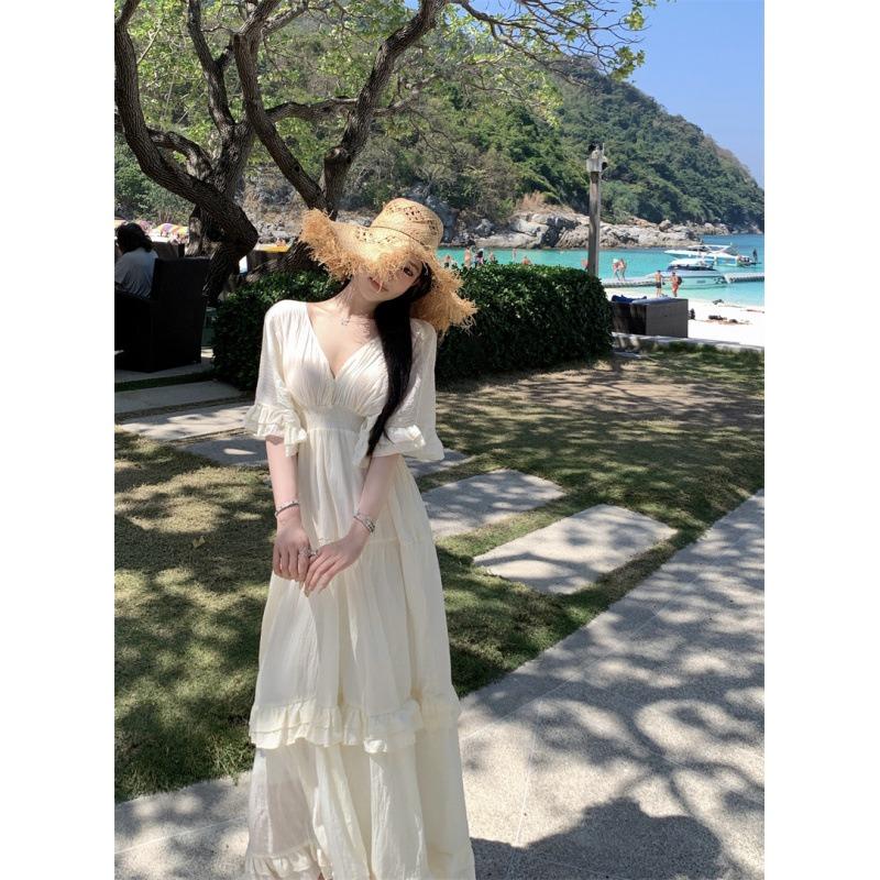 French Retro Mori Collar Halter Ruffle Edge Dress Summer Seaside Vacation Big Swing Dress Long Dress Fairy