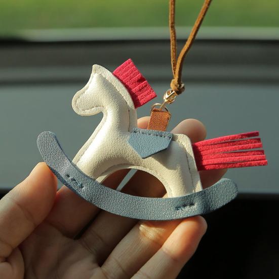 Cute Pony Pendant Car Rearview Mirror Charm Elegant Faux Leather Hanging Ornament for Car