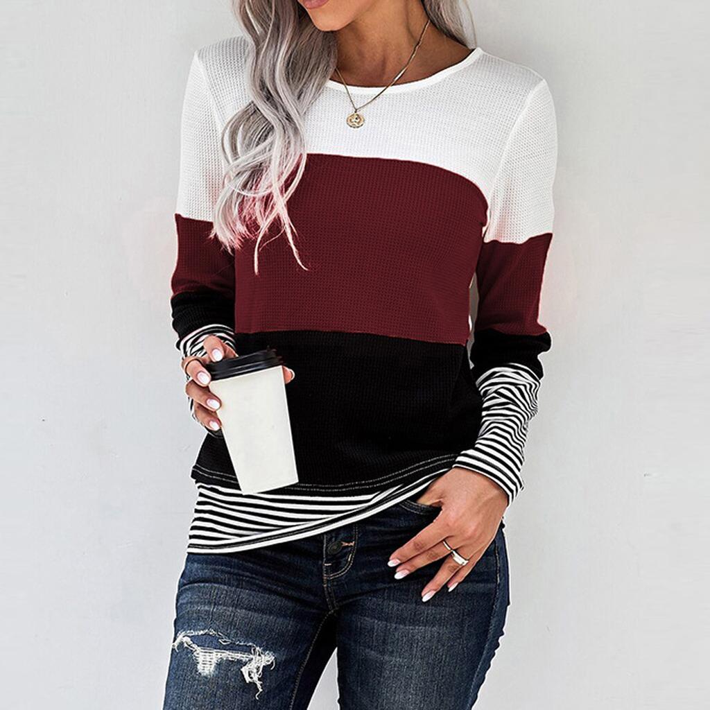 Winter Women's Long-Sleeved Striped Stitching Sweatershirt Tops