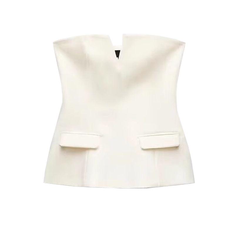 

25 Spring New Women s Clothing Fashion Wind Strapless Design Straight Collar Waist Trimming Short Tube Top Tops 4661011 Ground White M