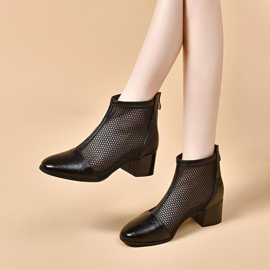 Mesh shoes women's spring and summer new fishing net shoes round head thick heel high heels fashionable rear zipper ankle boots