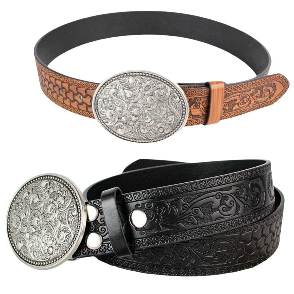 PU Leather Western Cowboy Belt Vintage Waist Belt Fashion Buckle Belt  Men Women