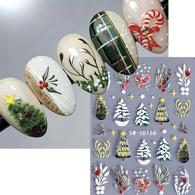 Weihnachts-Nagelkunst-Aufkleber Abziehbilder 1 Blatt, Winter Weihnachtsbaum Blätter Muster Geprägte Selbstklebende Nagelaufkleber, DIY Nagelkunst Dekoration