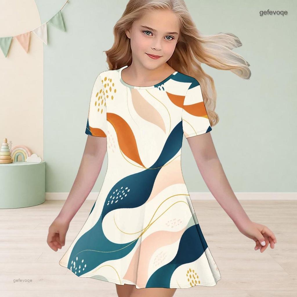 Girls Round Neck Short Sleeve Abstract Printed A Line Flared Dress
