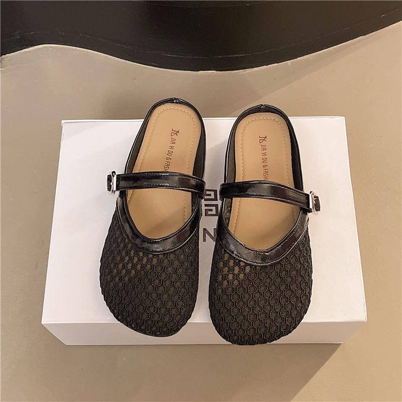 Hollow woven bag head half slippers women's summer wear 2025 new flat-bottomed breathable one-pedal hole shoes sandals