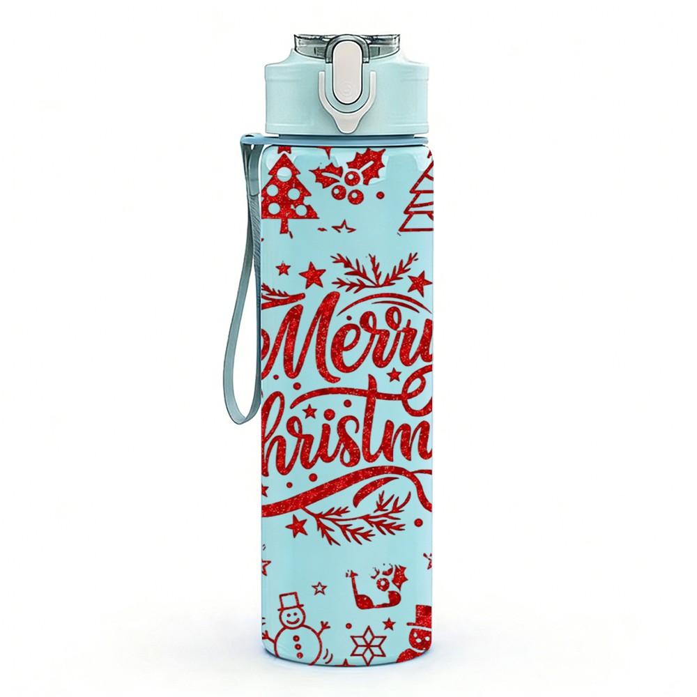 1PC Vintage Merry Christmas Text Print 750ml Color Plastic Sports Water Bottle Leakproof Flip Straw Lid Suitable for Sports Office Home Use
