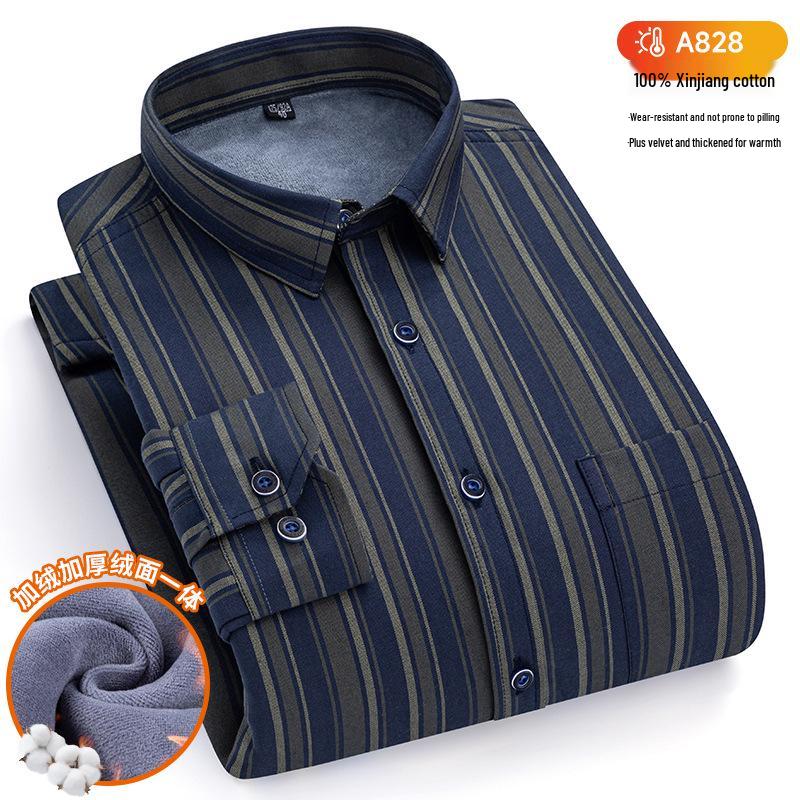 New Plus Size Velvet-Lined Men's Pure Cotton Plaid Shirt - Warm, Thickened for Autumn/Winter Cold Protection