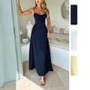 Spring new, European and American women's clothing, elegant solid color splicing suspender slim dress long dress
