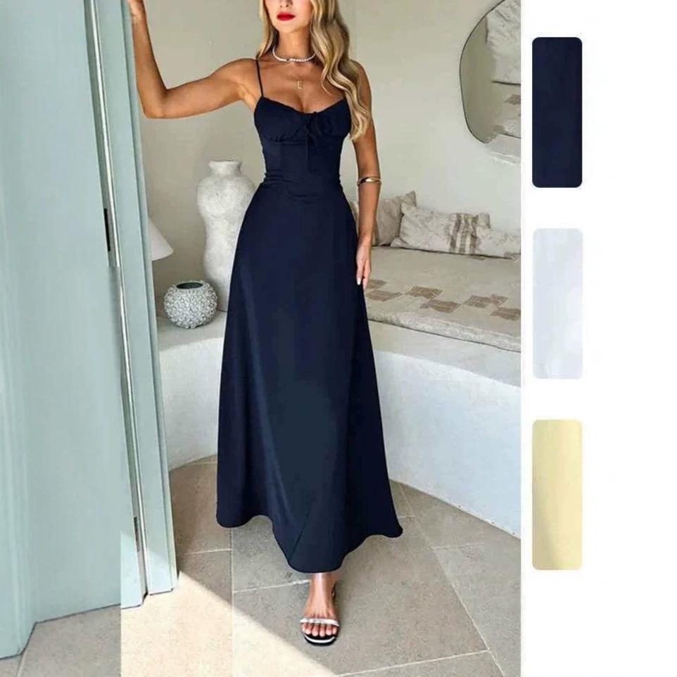 Spring new, European and American women's clothing, elegant solid color splicing suspender slim dress long dress