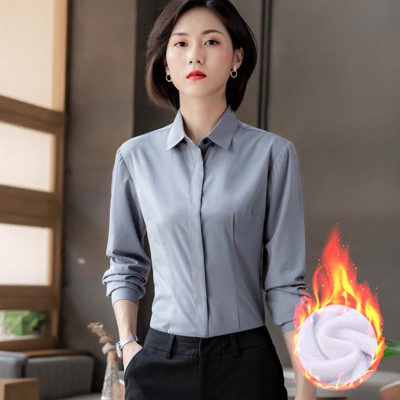 Women's Fleece-Lined Long-Sleeve Shirt: New Autumn/Winter Style, Thick & Warm Base Layer, Professional Formal Wear