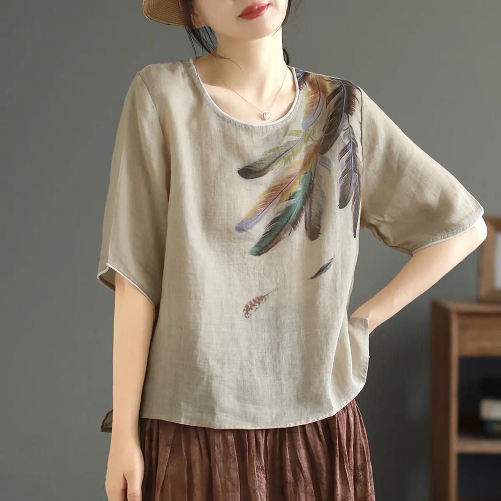 Bawełniano-lniany T-shirt Top Damski Letni Nowy Luźny Okrągły Dekolt Oddychający Cienki Z Nadrukiem Artystyczny Retro Krótki Rękaw Damski Top