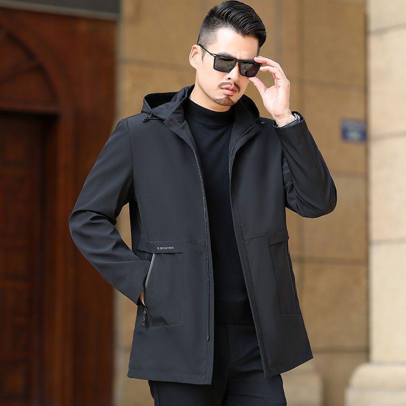 

Мужская ветровка средней длины, повседневная куртка для весны и осени, ретро-куртка с капюшоном 175 чёрный