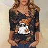 Women's Casual Halloween Print V-Neck Three-Quarter Sleeve T-Shirt