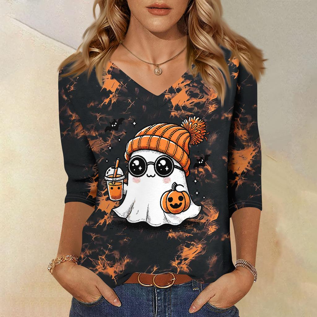 Women's Casual Halloween Print V-Neck Three-Quarter Sleeve T-Shirt