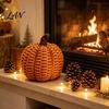 Halloween Pumpkin Decor Faux Rattan Resin Figurine, Vintage Distressed Orange Black Farmhouse Tabletop Fall Seasonal Window Decor, Indoor Harvest