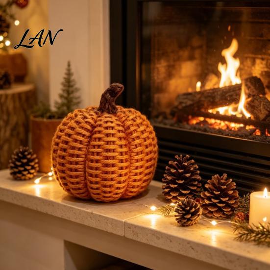 Halloween Pumpkin Decor Faux Rattan Resin Figurine, Vintage Distressed Orange Black Farmhouse Tabletop Fall Seasonal Window Decor, Indoor Harvest